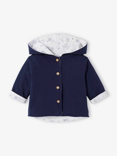 Reversible Hooded Jacket for Babies BLUE DARK SOLID WITH DESIGN+WHITE LIGHT SOLID WITH DESIGN 
