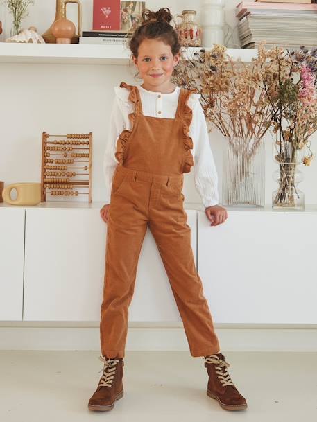 Corduroy Dungarees with Ruffles, for Girls BROWN MEDIUM SOLID 