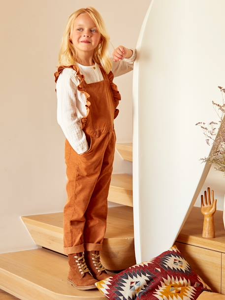 Corduroy Dungarees with Ruffles, for Girls BROWN MEDIUM SOLID+Dark Blue 