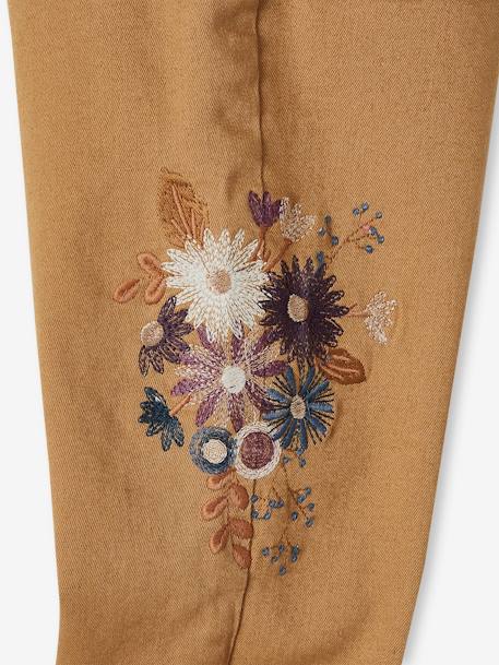 Slim Leg Trousers, Embroidered Flowers, High Waist, for Girls BROWN LIGHT SOLID WITH DESIGN+GREEN MEDIUM SOLID WITH DESIG 