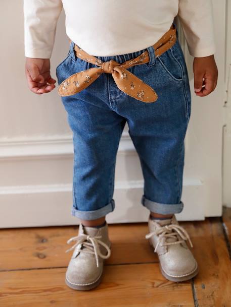 Trousers with Fabric Belt for Babies BLUE MEDIUM SOLID WITH DESIGN+Dark Blue+denim grey 
