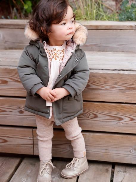 Reversible Parka with Padding in Recycled Polyester, for Babies GREEN MEDIUM SOLID WITH DESIG 