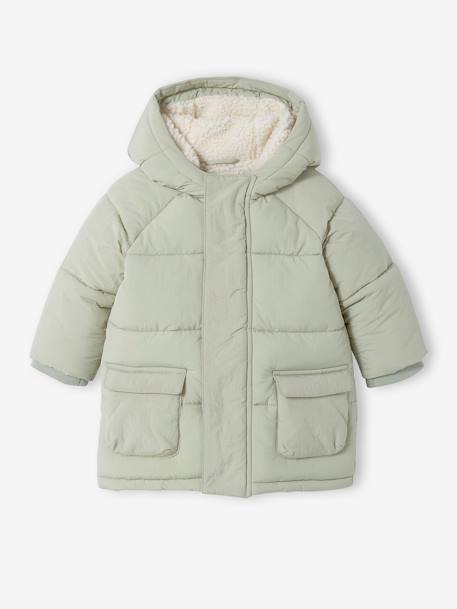 Long Hooded Jacket, Recycled Polyester Padding, for Babies GREEN LIGHT SOLID 