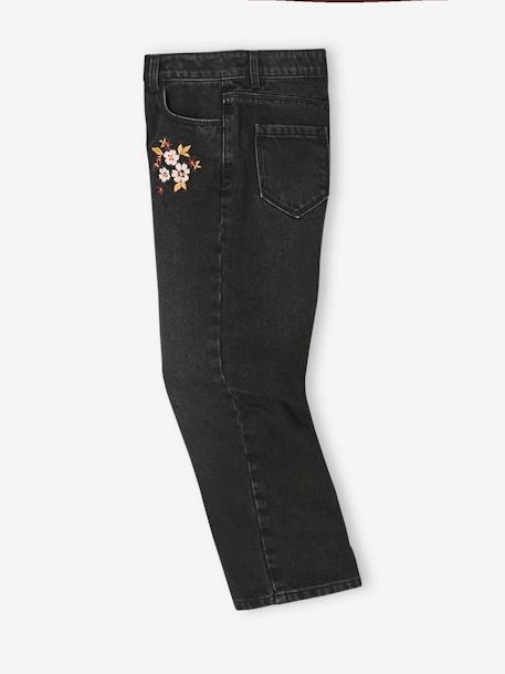 Wide-Leg Jeans with Embroidered Flowers, for Girls BLACK DARK SOLID WITH DESIGN 
