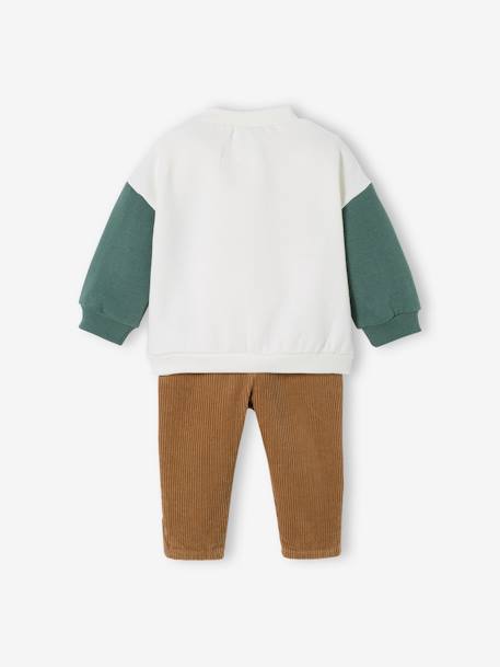 Fleece Sweatshirt + Corduroy Trousers Combo for Babies WHITE LIGHT SOLID WITH DESIGN 