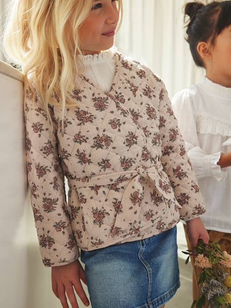 Reversible Quilted Jacket for Girls BEIGE LIGHT ALL OVER PRINTED 