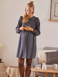 Maternity-Dresses-Flannel Dress with Embroidered Front Panel, for Maternity & Nursing