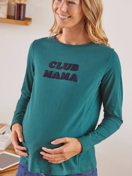 Top with Message, in Organic Cotton, Maternity & Nursing GREEN DARK SOLID WITH DESIGN 