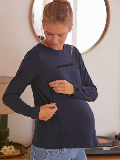 Top with Message in Organic Cotton, Maternity & Nursing BLUE DARK SOLID WITH DESIGN 