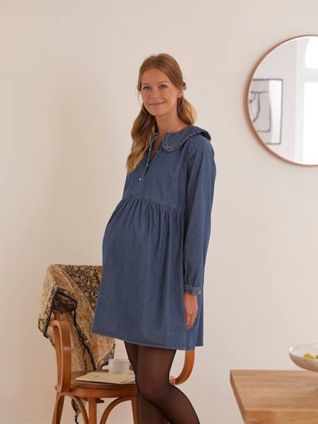 Denim Dress with Peter Pan Collar, Maternity & Nursing Special BLUE DARK STRIPED 