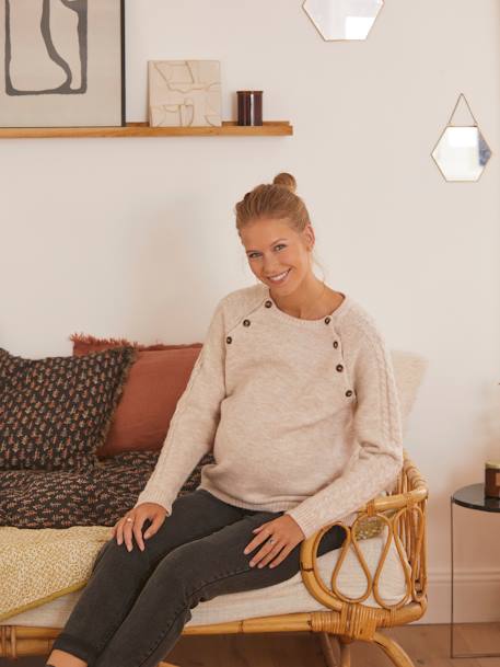 Jumper with Cable-Knit Sleeves, Maternity & Nursing BEIGE LIGHT SOLID 