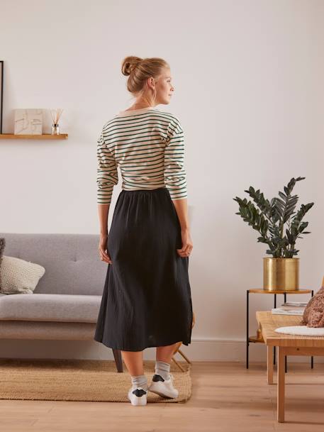 Long Skirt in Cotton Gauze for Maternity BLACK DARK SOLID 