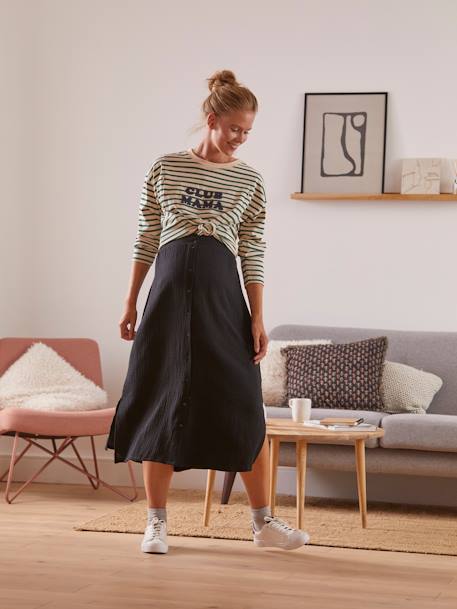 Long Skirt in Cotton Gauze for Maternity BLACK DARK SOLID 