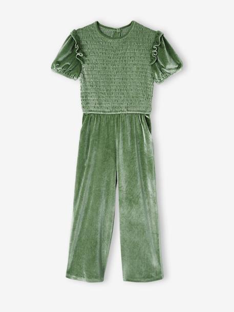Jumpsuit with Smocking & Glittery Velour for Girls sage green 
