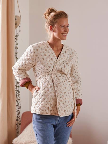 Quilted Jacket in Cotton Gauze, Maternity & Nursing PINK LIGHT ALL OVER PRINTED 