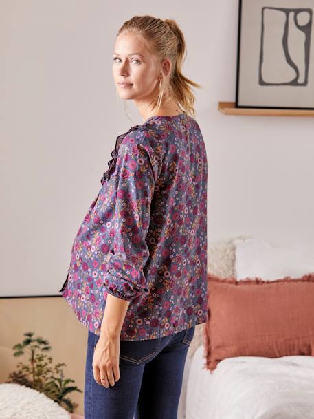 Printed Blouse with Buttons, Maternity & Nursing Special BLUE DARK SOLID 