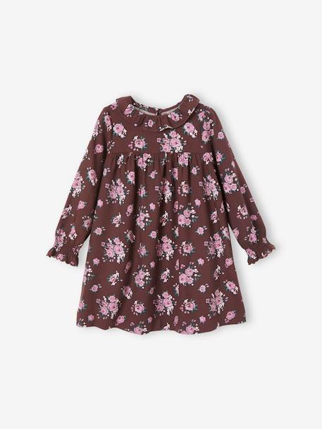 Dress with Frilled Collar & Flower Print for Girls BROWN DARK ALL OVER PRINTED 