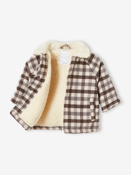 Woollen Coat, Recycled Polyester Padding, for Babies GREY DARK CHECKS 