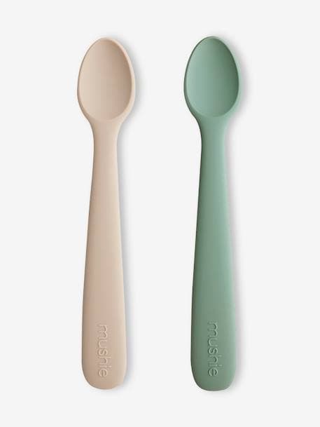 Pack of Two 1st Stage Spoons in Silicone by MUSHIE green+rose 