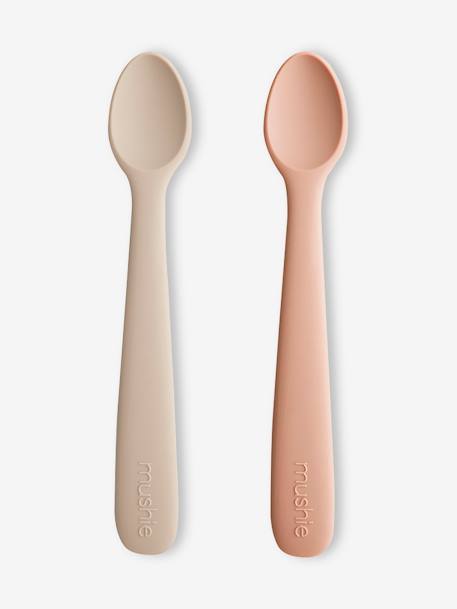 Pack of Two 1st Stage Spoons in Silicone by MUSHIE green+rose 