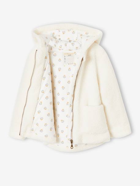 Hooded Jacket with Zip, in Sherpa, for Girls WHITE LIGHT SOLID 