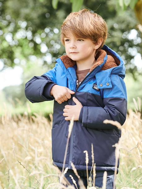Technical Parka with Hood for Boys BLUE BRIGHT SOLID WITH DESIGN+BROWN MEDIUM SOLID WITH DESIGN 