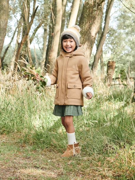 Woollen Coat with Hood & Sherpa Lining for Girls BEIGE MEDIUM SOLID WITH DECOR+GREEN DARK SOLID WITH DESIGN 