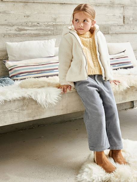 Hooded Jacket with Zip, in Sherpa, for Girls WHITE LIGHT SOLID 