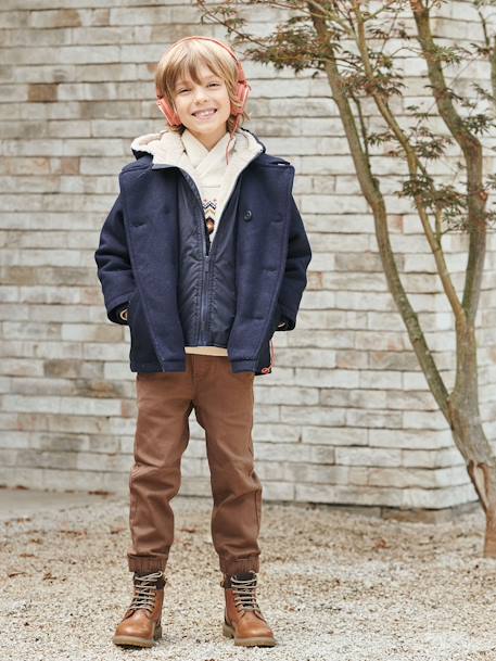 Peacoat with Hood & Sherpa Lining for Boys BLUE DARK SOLID WITH DESIGN 