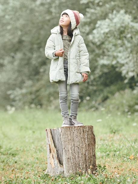 Padded Coat with Hood & Sherpa Lining for Girls BLUE DARK ALL OVER PRINTED+GREEN MEDIUM SOLID 