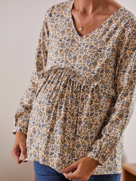 Printed Blouse with Ruffle, Maternity & Nursing Special BEIGE LIGHT ALL OVER PRINTED 
