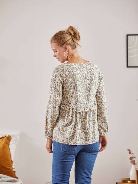 Printed Blouse with Ruffle, Maternity & Nursing Special BEIGE LIGHT ALL OVER PRINTED 