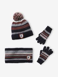 Boys-Accessories-Winter Hats, Scarves & Gloves-Striped Beanie + Snood + Gloves Set for Boys
