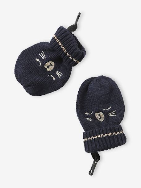 Jacquard Knit Beanie + Snood + Mittens Set for Baby Girls BLUE DARK SOLID WITH DESIGN 