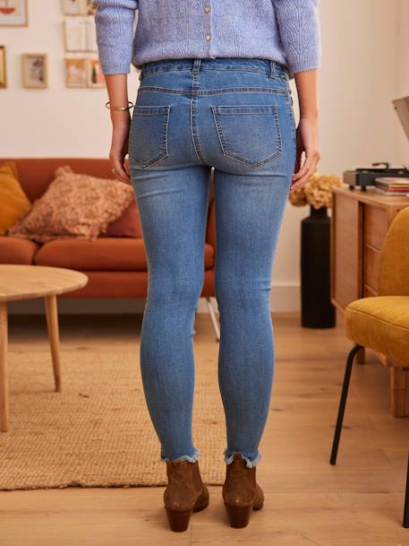 Skinny Leg Jeans with Frayed Hems & Seamless Belly-Wrap for Maternity BLUE DARK SOLID 