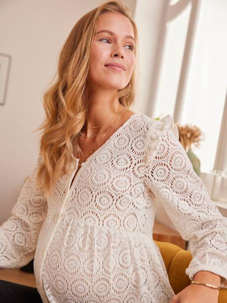 Blouse in Macramé Lace, Maternity & Nursing Special BEIGE LIGHT SOLID 