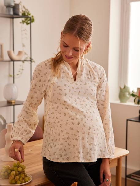 Printed Cotton Gauze Blouse, Maternity & Nursing Special WHITE LIGHT SOLID WITH DESIGN 