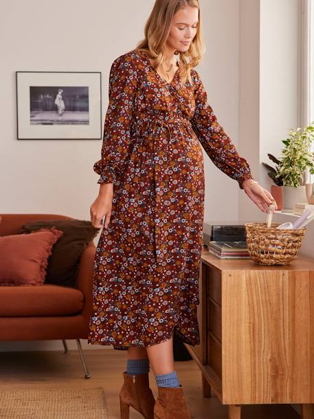 Long, Wrapover Dress, Maternity & Nursing Special RED DARK ALL OVER PRINTED 