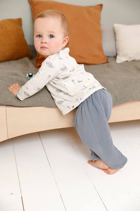 Cotton Gauze Trousers with Striped Lining for Newborn Babies BLUE DARK SOLID 