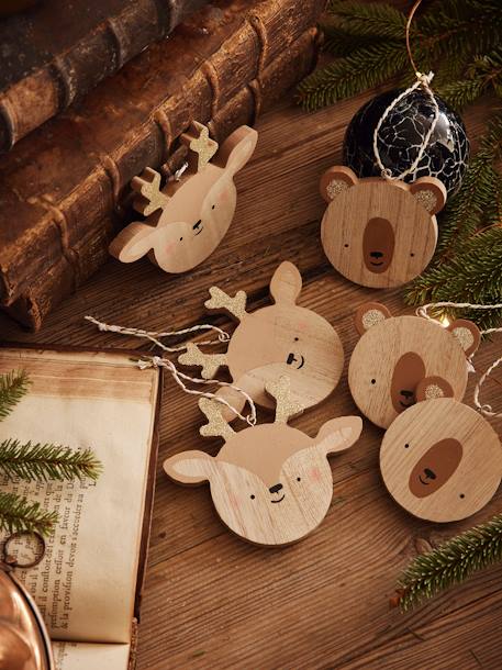 Set of 6 Flat Christmas Baubles in Wood Multi 