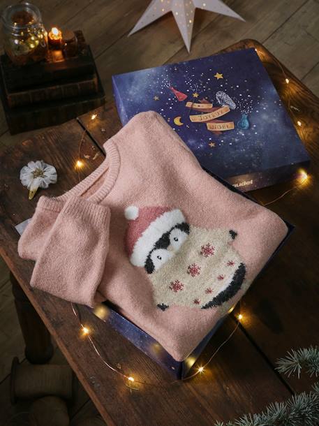 Christmas Gift Box with Penguin Jumper & Scrunchie for Girls rosy 