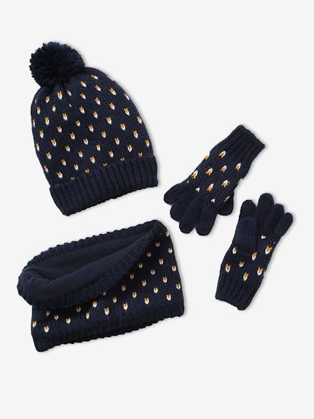 Beanie + Snood + Gloves with Hearts Set for Girls BLUE DARK ALL OVER PRINTED+PINK LIGHT SOLID WITH DESIGN 