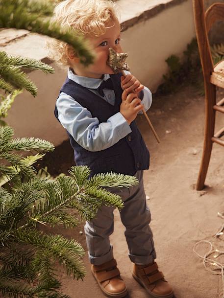 Occasion Wear Outfit : Waistcoat + Shirt + Bow Tie + Trousers, for Boys Dark Blue 