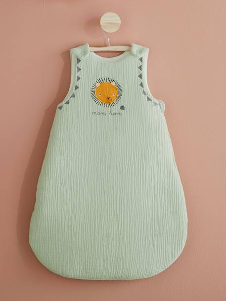 Sleeveless Baby Sleep Bag in Cotton Gauze, 'Mon Lion' Green 