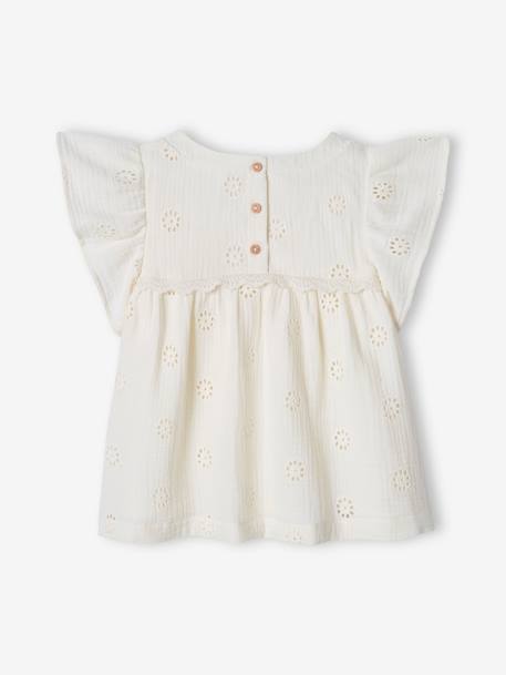 Cotton Gauze Blouse with Embroidered Flowers for Girls ecru+mauve 
