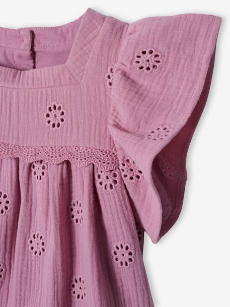 Cotton Gauze Blouse with Embroidered Flowers for Girls ecru+mauve 