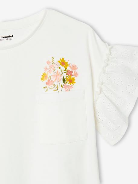 T-Shirt with Ruffled Sleeves in Broderie Anglaise for Girls ecru+peach 