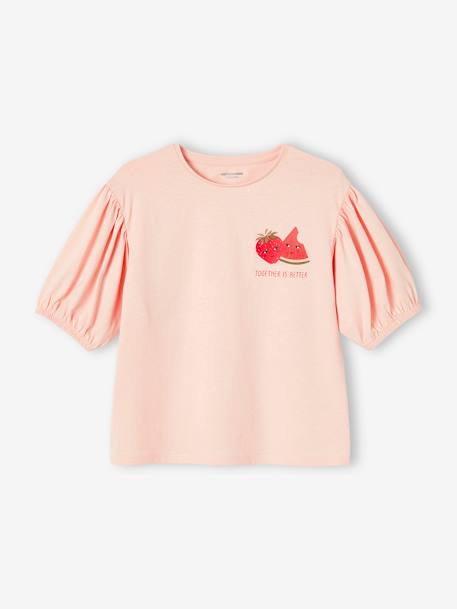 Bubble Sleeve Top with Fruit Motif on Chest for Girls ecru+pale pink 