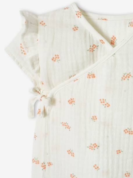 Wrap-Over Jacket in Cotton Gauze for Newborn Babies ecru+PURPLE LIGHT SOLID WITH DESIGN 