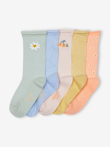 Pack of 5 Pairs of Daisy Socks in Rib Knit for Girls apricot 